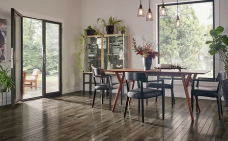 hardwood flooring in Dining room with sliders